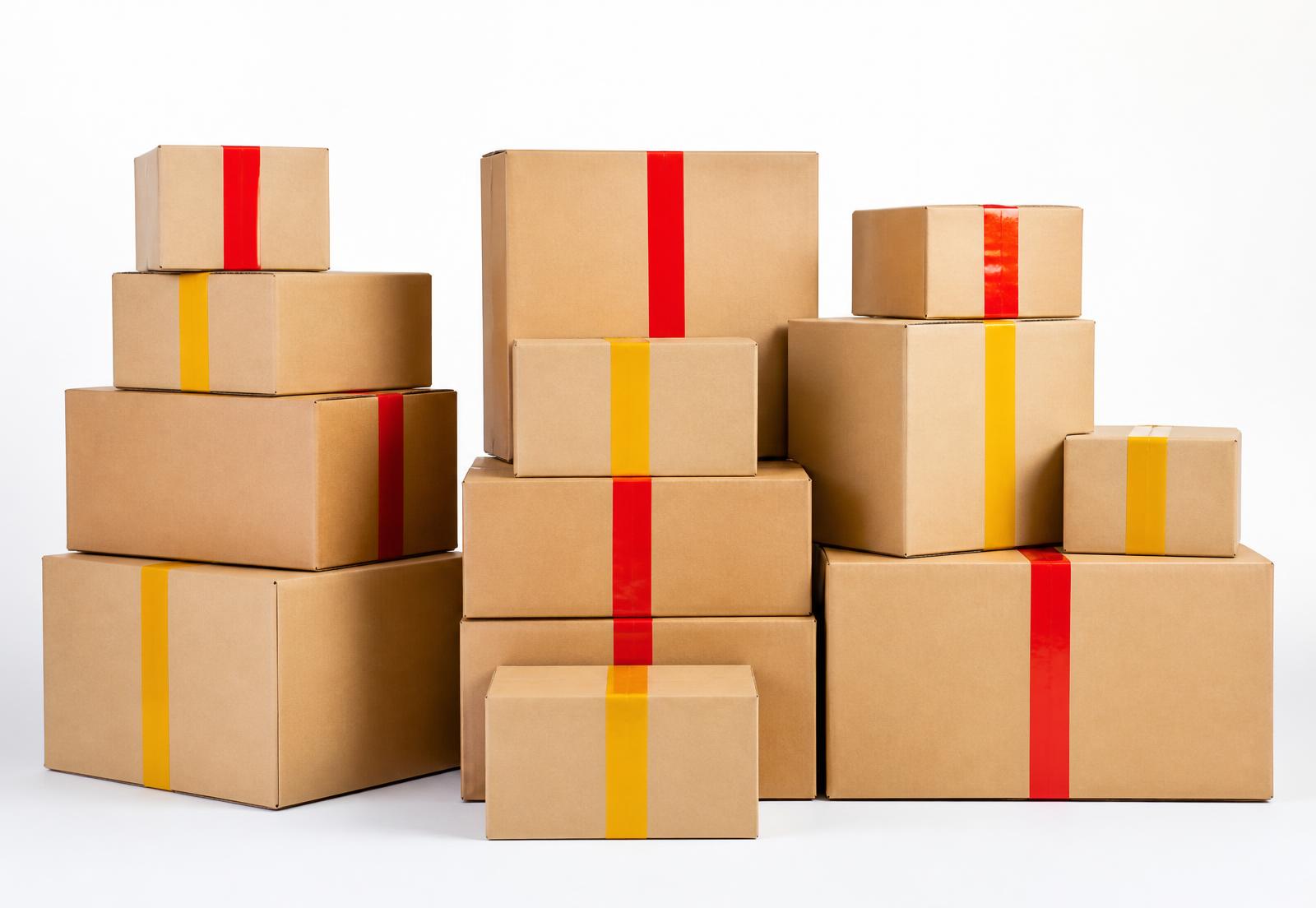 Stacked shipping boxes sealed with red and yellow tape ready for international delivery